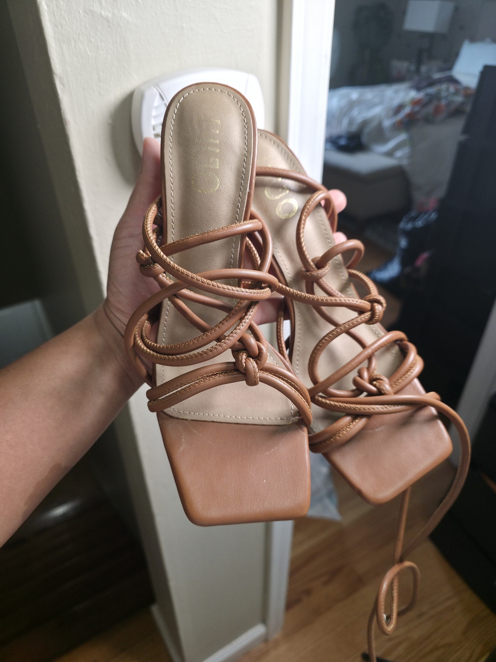EGO Tan Strappy Square-Toe Lace-Up Sandals